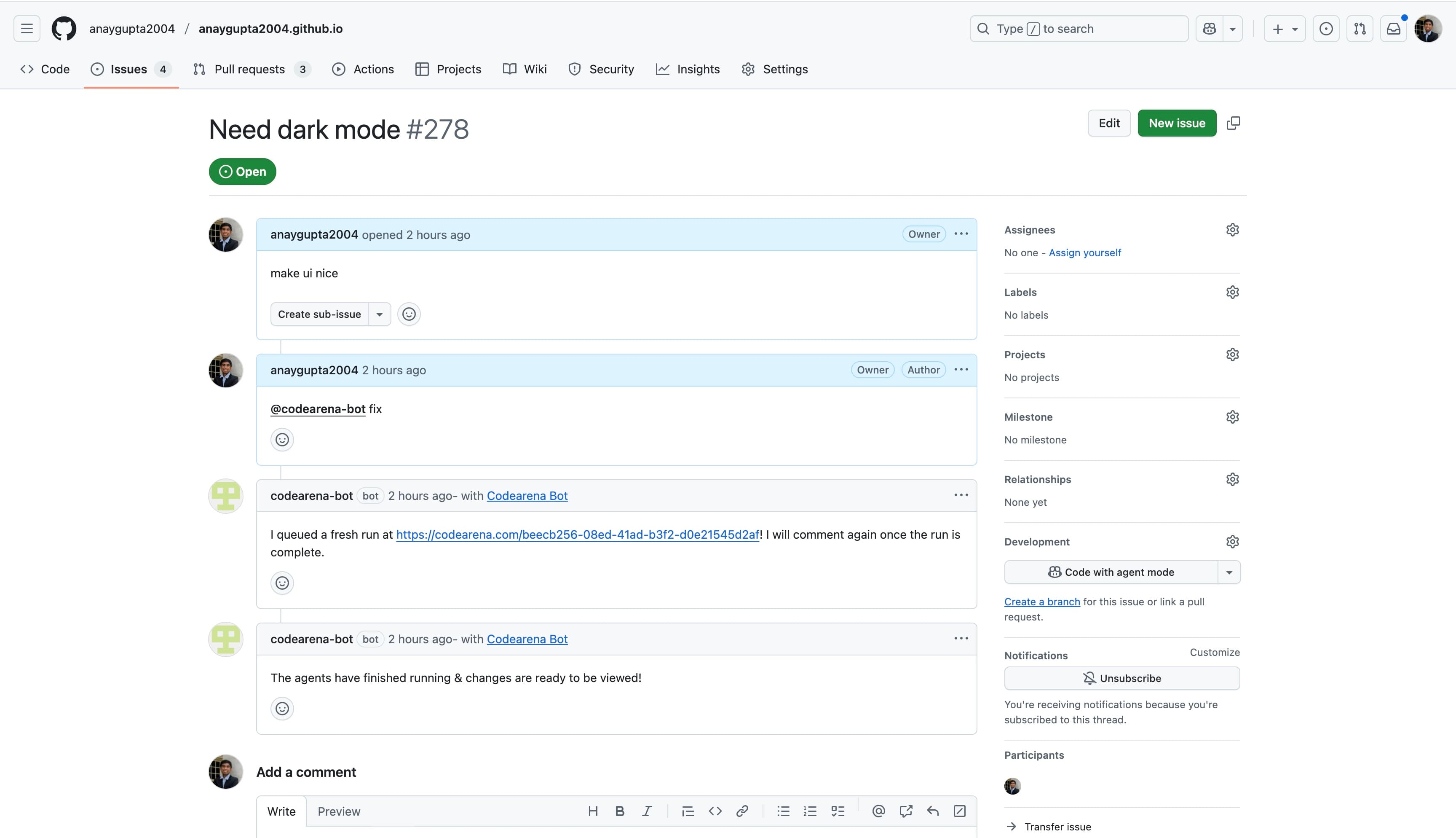 Commenting with @codearena-bot on a GitHub issue