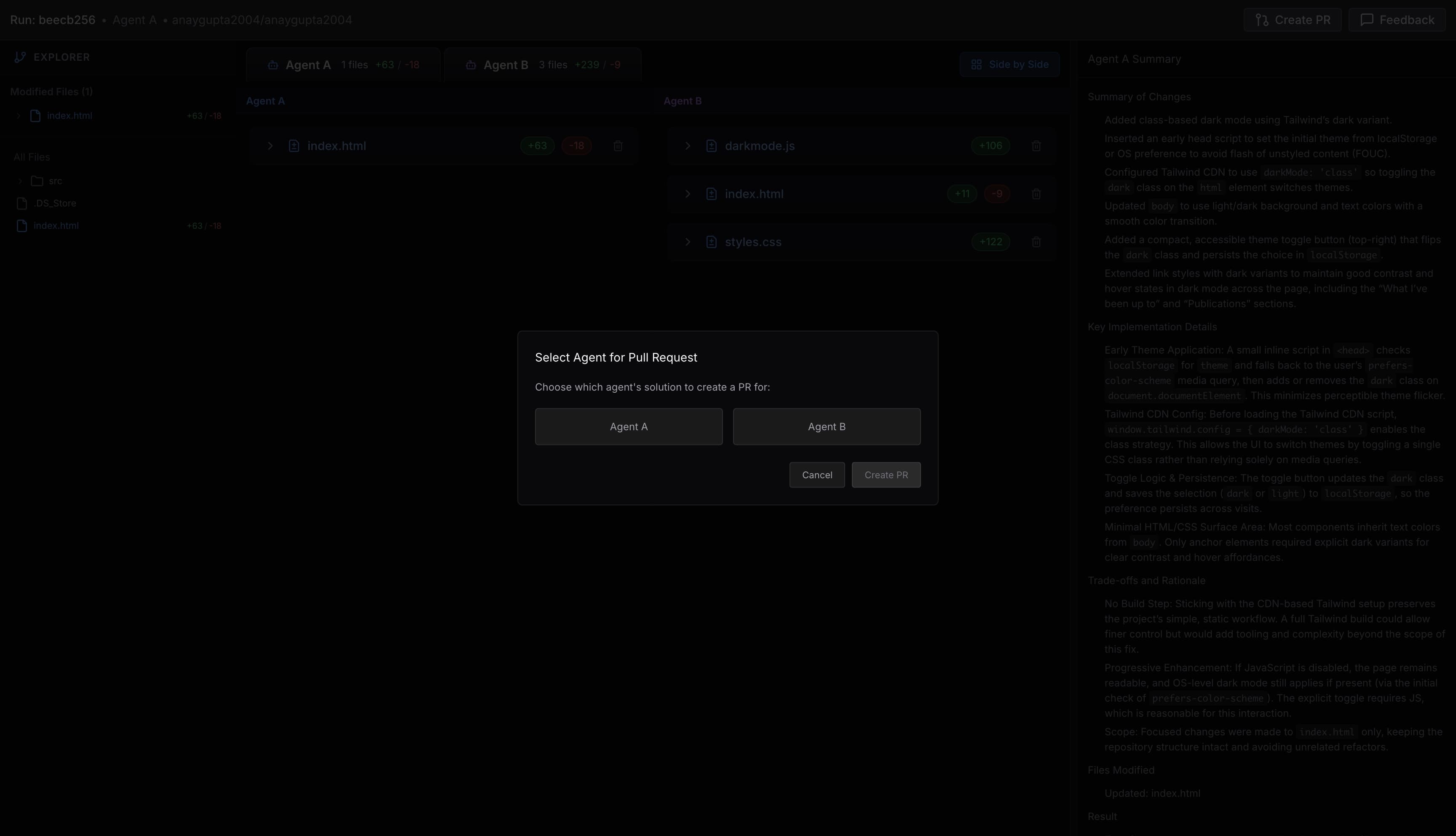 Selecting the winning agent to create a pull request