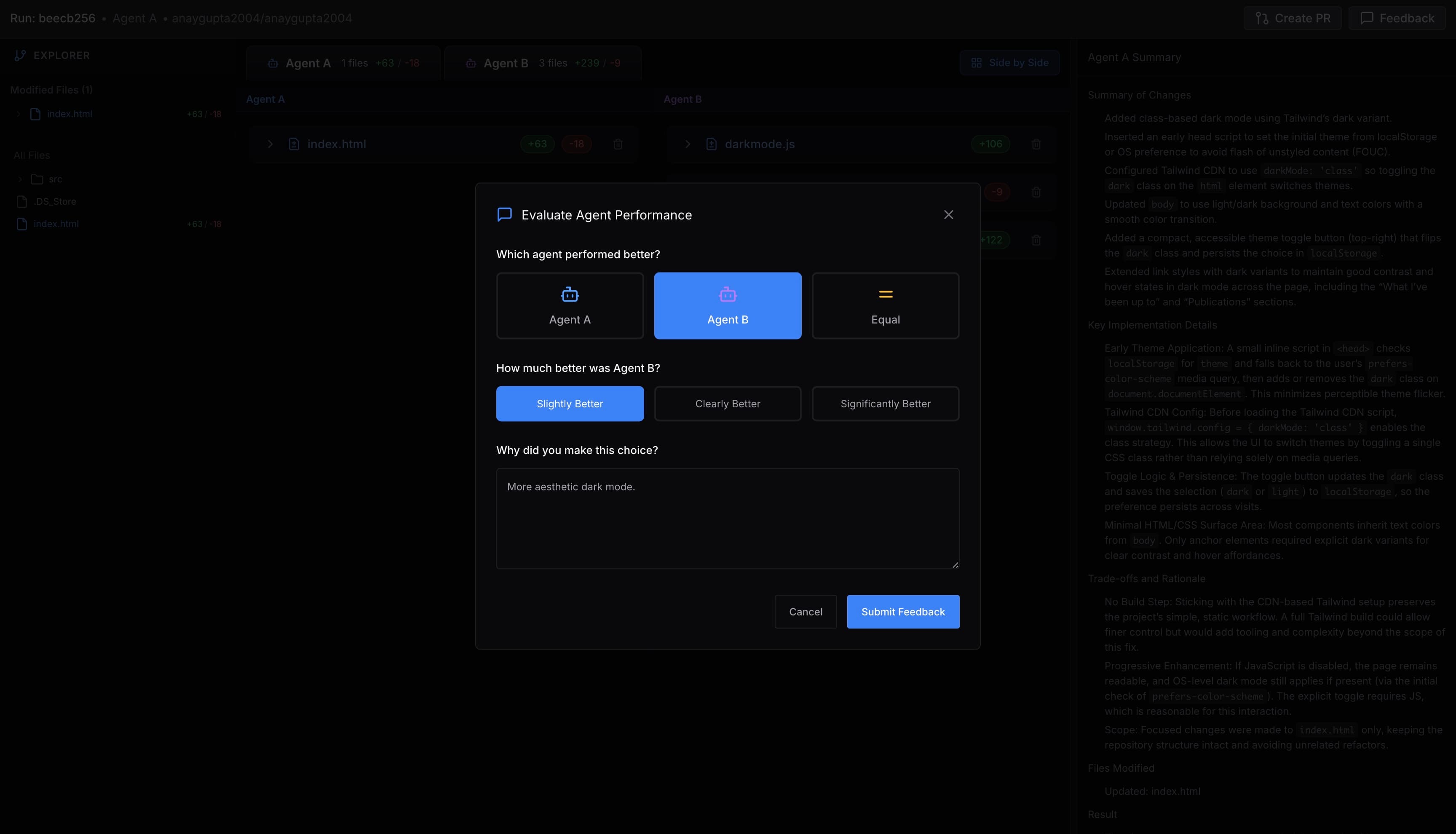 Leaving feedback after reviewing a Codearena duel